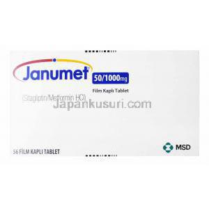 ジャヌメット, シタグリプチン/メトホルミン,　50mg/1000mg, 56錠,製造元：MSD, 箱側面